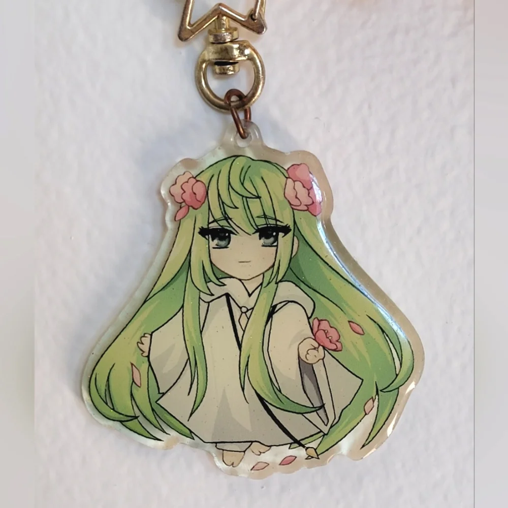 Green Anime Glittered Doubled Sided Holo Keychain with Star Clip
